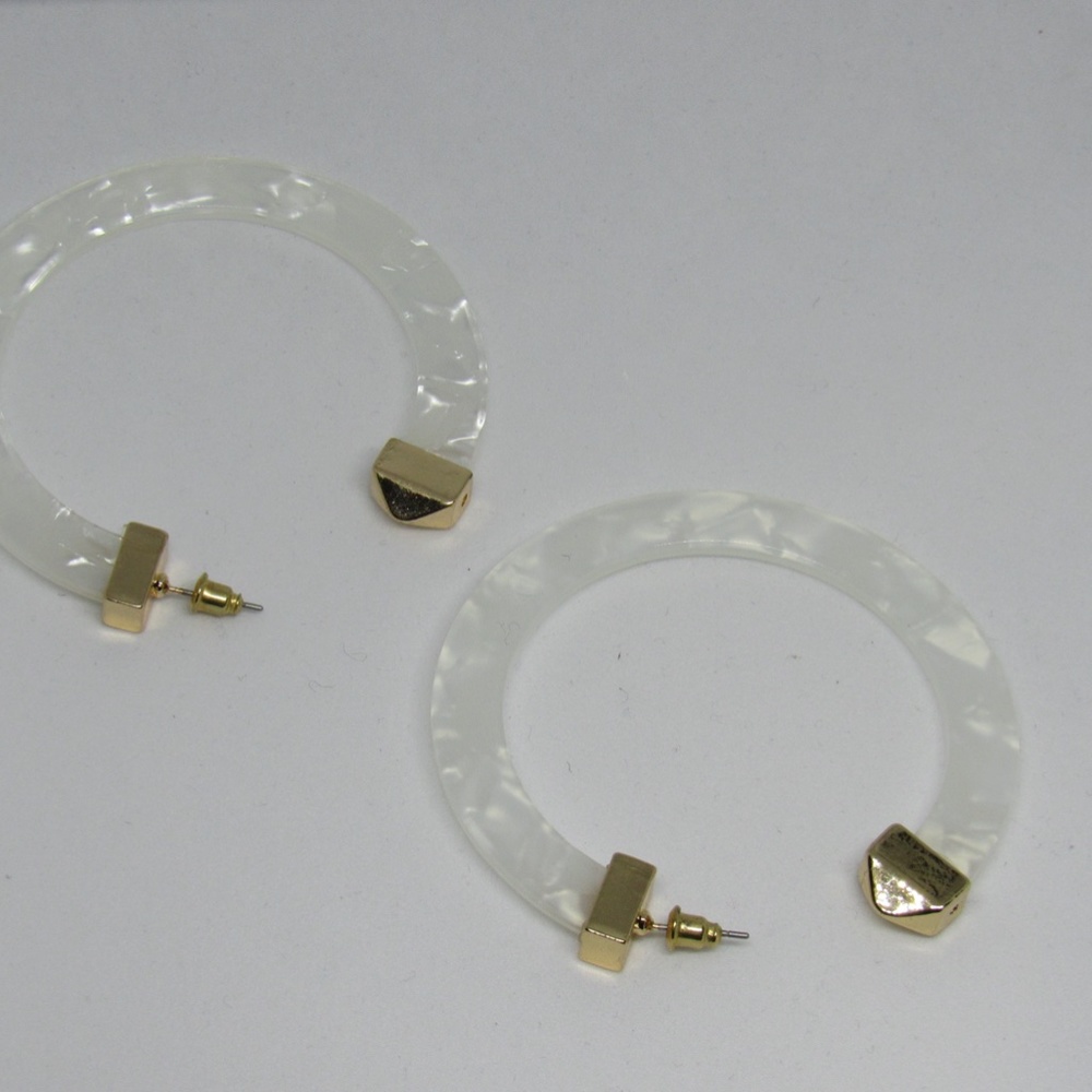 Large White Acrylic Hood Earrings with Gold Plate